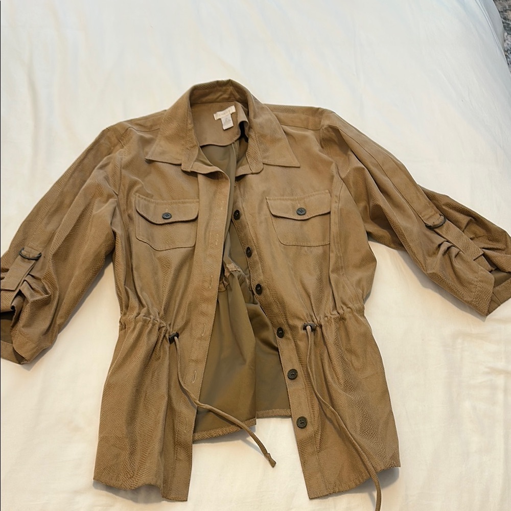 Chico's Tan Utility Jacket with Drawstring Waist and Rolled Sleeves